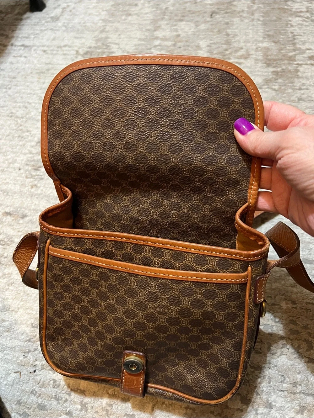 Authentic Celine Brown Monogram Crossbody Bag with Tan Leather Trim - Picture 9 of 16